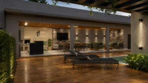 Área de lazer residencial com piscina, deck amadeirado, varanda gourmet, espaço de estar e integração entre os ambientes.