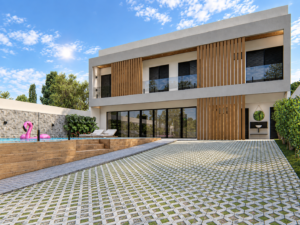 Residência contemporânea com brises verticais em madeira, grandes esquadrias de vidro, piscina e piso drenante na área externa.