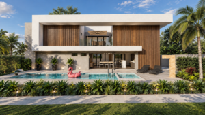 Residência contemporânea com piscina, brises verticais em madeira, varanda no pavimento superior, área gourmet e paisagismo integrado.