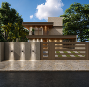 Fachada de residência contemporânea com revestimento em pedra, detalhes em madeira, portão metálico e iluminação valorizando os volumes arquitetônicos.