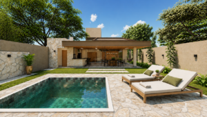 Área de lazer residencial com piscina, espreguiçadeiras, jardim e varanda gourmet integrada aos espaços de convivência.