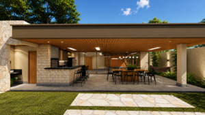 Área de lazer residencial com piscina, espreguiçadeiras, jardim e varanda gourmet integrada aos espaços de convivência.