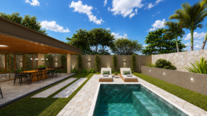 Área de lazer residencial com piscina, espreguiçadeiras, jardim e varanda gourmet integrada aos espaços de convivência.