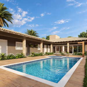 Área de lazer de residência com piscina, deck amadeirado, paisagismo e ambientes internos integrados por grandes aberturas de vidro.