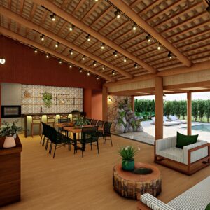 Varanda gourmet de residência com estrutura de madeira aparente, bancada com azulejos decorativos, área de jantar e integração com a piscina.