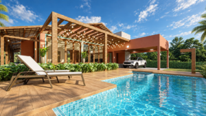 Área externa de casa de chácara com piscina, varanda, deck, jardim e espaços de convivência integrados.