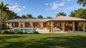 Residência térrea com piscina, varanda gourmet, telhado cerâmico, pilares em tijolo aparente e paisagismo integrado à área de lazer.