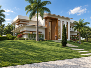 Residência contemporânea implantada em terreno inclinado, com entrada em pé-direito duplo, detalhes em madeira, grandes aberturas e paisagismo integrado.