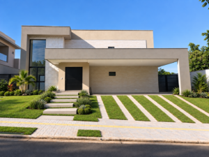 Fachada de residência contemporânea com volumes retos, grandes esquadrias de vidro, garagem coberta e paisagismo integrado à entrada.