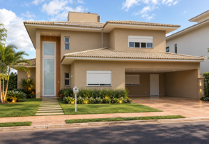 Fachada de residência contemporânea com telhado aparente, entrada em pé-direito duplo, garagem coberta e jardim frontal com paisagismo.