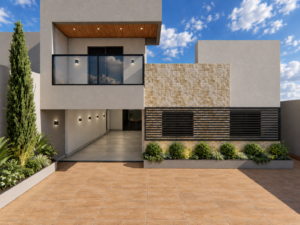 Fachada de residência contemporânea com volumes retos, revestimento em pedra clara, varanda com guarda-corpo de vidro e paisagismo integrado.