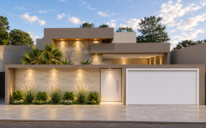 Fachada de residência contemporânea com volumes retos, revestimento em pedra clara, jardim frontal, portão branco e iluminação arquitetônica.
