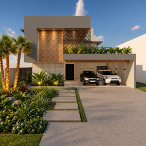 Fachada de residência contemporânea com tijolo aparente, elemento vazado metálico, garagem coberta, jardim tropical e iluminação arquitetônica.