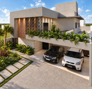 Fachada de residência contemporânea com tijolo aparente, elemento vazado metálico, garagem coberta, jardim tropical e iluminação arquitetônica.