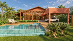 Área externa de casa de chácara com piscina, varanda, deck, jardim e espaços de convivência integrados.