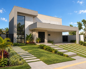 Fachada de residência contemporânea com pé-direito duplo, grande abertura de vidro, revestimento claro, garagem coberta e paisagismo frontal.