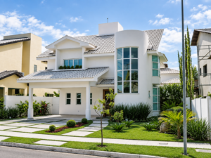 Fachada de residência contemporânea branca com telhado cerâmico, volume curvo com grandes panos de vidro, garagem coberta e paisagismo frontal.