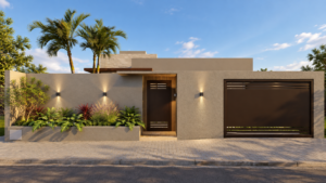 Fachada de residência contemporânea com muro em tons neutros, portões escuros, jardim frontal e iluminação valorizando o acesso.