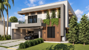 Fachada de residência contemporânea com revestimento em madeira, jardim vertical, varanda com guarda-corpo de vidro, garagem coberta e paisagismo frontal.