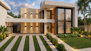 Fachada de residência contemporânea com pé-direito duplo, revestimento em pedra clara, detalhes amadeirados, grandes esquadrias pretas e paisagismo frontal.