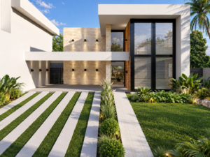 Fachada de residência contemporânea com pé-direito duplo, revestimento em pedra clara, detalhes amadeirados, grandes esquadrias pretas e paisagismo frontal.