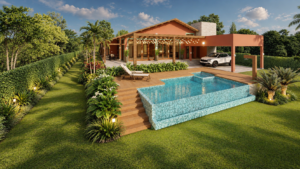 Área externa de casa de chácara com piscina, varanda, deck, jardim e espaços de convivência integrados.