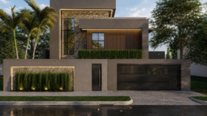 Fachada de residência contemporânea com volumes retos, revestimento em pedra, detalhes amadeirados, paisagismo e iluminação embutida.