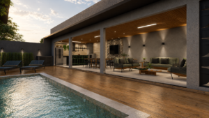 Área de lazer residencial com piscina, deck amadeirado, varanda gourmet, espaço de estar e integração entre os ambientes.