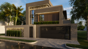 Fachada de residência contemporânea com volumes retos, revestimento em pedra, detalhes amadeirados, paisagismo e iluminação embutida.