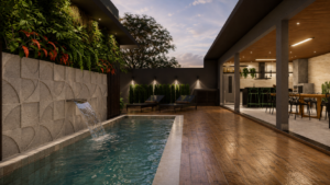 Área de lazer residencial com piscina, deck amadeirado, varanda gourmet, espaço de estar e integração entre os ambientes.