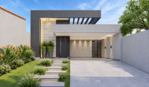 Fachada de residência contemporânea em Goiânia com volumes retos, revestimento em pedra, portões escuros e paisagismo junto à entrada.