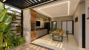 Área externa de residência contemporânea com jardim tropical, revestimento amadeirado e integração com varanda e espaço de convivência.