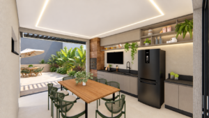 Área externa de residência contemporânea com jardim tropical, revestimento amadeirado e integração com varanda e espaço de convivência.