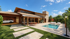 Área de lazer de residência com piscina, varanda gourmet, estrutura em madeira e revestimento em pedra.
