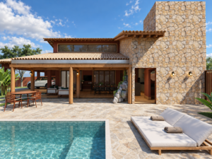 Área de lazer de residência com piscina, varanda gourmet, estrutura em madeira e revestimento em pedra.