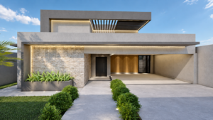 Fachada de projeto residencial contemporâneo em Goiânia com pedra natural, paisagismo, iluminação embutida e portão preto.