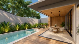 Área de lazer de residência contemporânea em Goiânia com piscina, varanda coberta, grandes esquadrias e paisagismo.